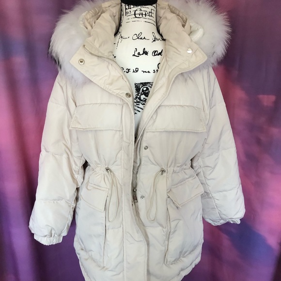 Coat down genuine fox fur hood pocket cream beige women - Picture 5 of 10